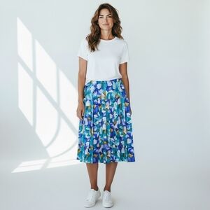 Vintage Pleated Skirt Size 14 Blue Floral Short Cottagecore Drop Waist Pull On